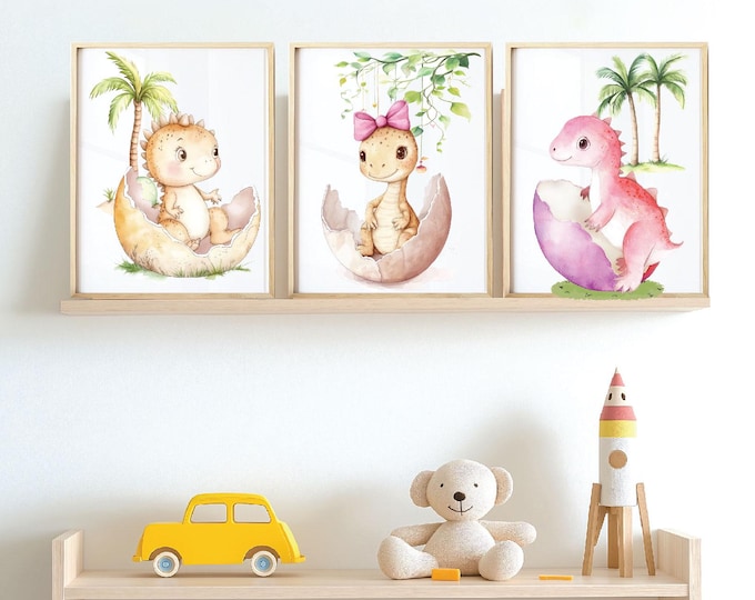 Dinosaur wall prints, New born baby dinosaur Set of 3 Cute dinosaurs, Nursery Posters