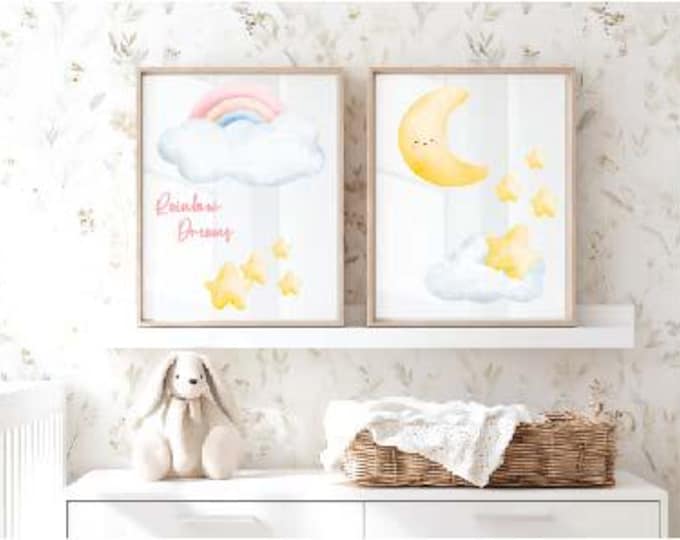 Nursery wall prints, Moon and Rainbow Dreams , Girl and Boy Print