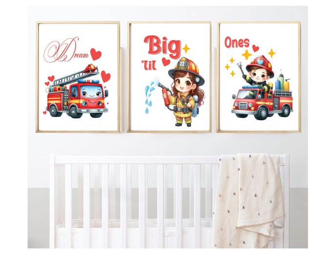 Firetruck  Construction Nursery wall prints, Fire Engine kids prints , Gender neutral girls And Boys wall print nursery