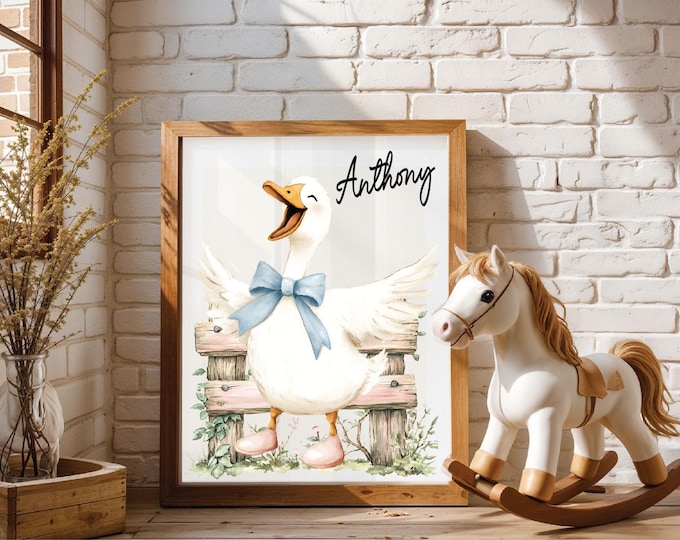 Silly nursery Duck Wall print, Personalized Duck with pink bow wall art, Funny Duck wearing hat and bow print, Duck with Blue bow wall art
