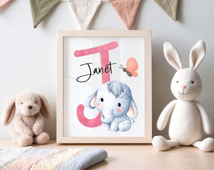 Personalized Nursery Elephant print, Elephant Nursery wall print, Custom Elephant Name art print,