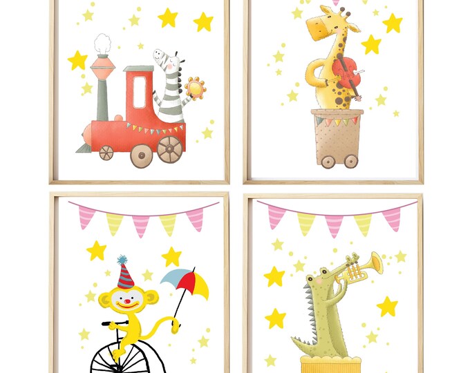 Nursery wall prints ,Animals in Circus playing with musical instruments, Giraffe, Monkey, Zebra, Alligator, Nursery Wall print