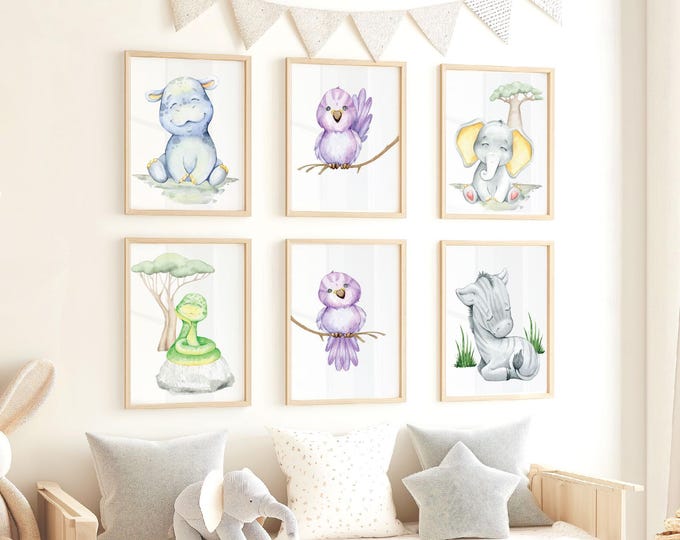 Safari Nursery wall print, Set of 6 animal  safari art print, Colorful safari  for kids bedroom prints, Animal safari bedroom nursery art