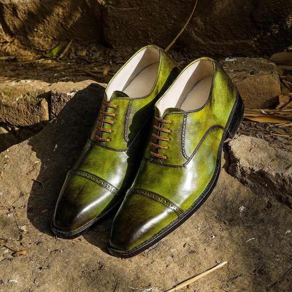 Men's Handmade Green Two Tone Cap Toe Oxford Shoes.