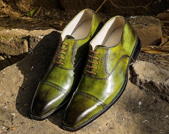 Men's Handmade Green Two Tone Cap Toe Oxford Shoes.