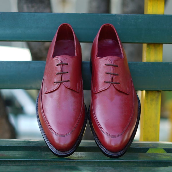 Men's Handmade Maroon Leather Lace Up Derby Shoes.