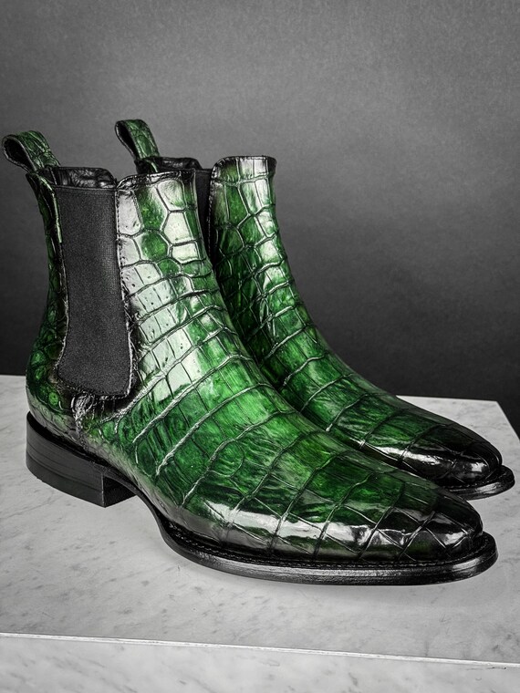 Men\'s Green Crocodile Ankle Boots Croco Side Buckle Chelsea Boots main image 2