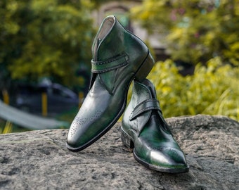 Men's Handmade Green Two Tone Brogue Single Monk Strap Boots.