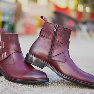 Men&#39;s Handmade Burgundy Cow Leather Jodhpur Boots.