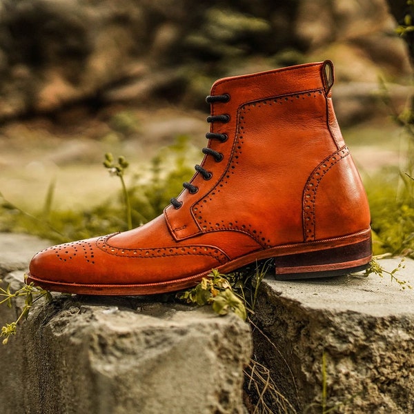Men's Handmade Mustard Leather Long LaceUp Boots with Brough WingTip
