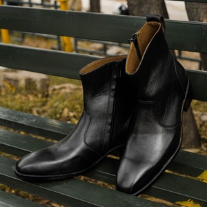 Men's Handmade Black Cow Leather Chelsea Zipper Boots.