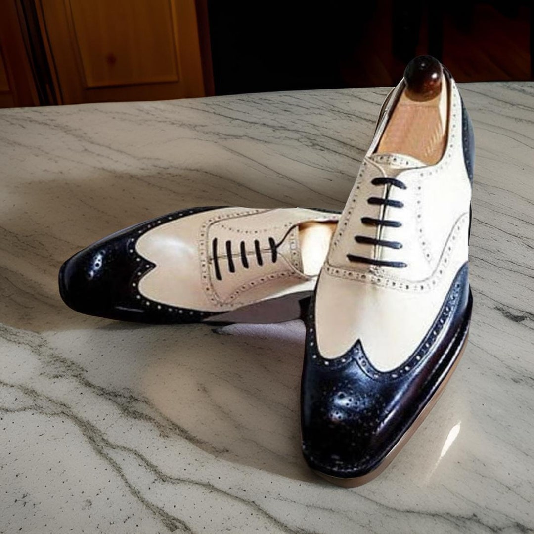 Bold Black And White Wingtip Two Toned Shiny Dress Oxford Shoes Perfect For Men 1920s Gangster Style