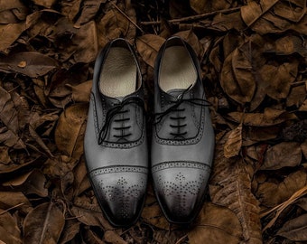 Handmade Mens Grey  Black Two-Tone Leather Brogue Oxfords - Lace Up Cap Toe Shoes