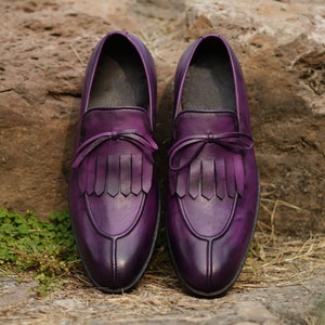 Men's Handmade Purple Two Tone Cow Leather Slip On Knot Loafers
