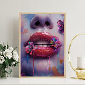 Neon Dripping Paint Lips Wall Art | Retro Pop Art Print | Colorful Surreal Flowers | Glossy Aesthetic Poster | Digital Download Gift