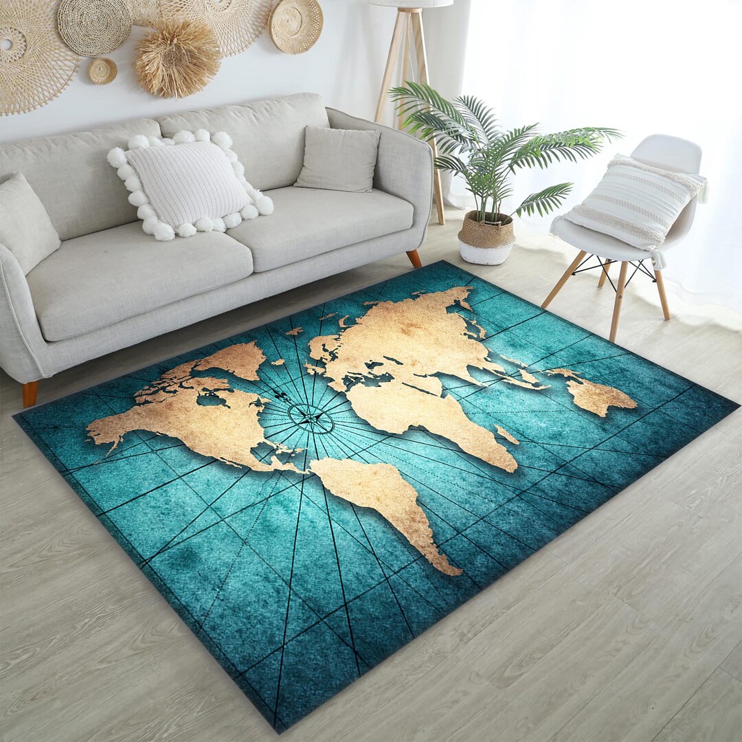 Map Rug, Map Design Rug, World Map Rug, Blue Rug, Map Decor