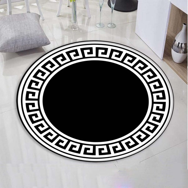 Greek Pattern Rug, Greek Key Round Rug, Greek Motifs Rug, Greek Decor, For Living Room Rug, Round Rug, Black And White Rug, Custom Gift