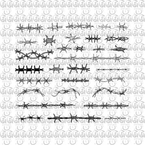 May include: A collection of 20 black and white illustrations of barbed wire in various styles and configurations.