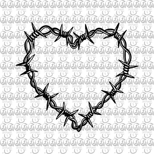 Barbed Wire Heart SVG, Heart Silhouette SVG, Barbed Wire Stencil, Wired Fence, Templates and Decals, Files for Cricut Png, Ai, Eps, Dxf, Svg