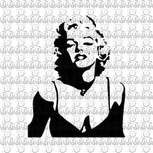 May include: Black and white silhouette of a woman with short hair and a sleeveless top. The background is a white pattern.