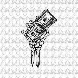 Puede incluir: Una ilustración en blanco y negro de una mano esquelética sosteniendo una pila de billetes de dólar estadounidense. Los billetes están doblados y tienen una denominación de $ 100.