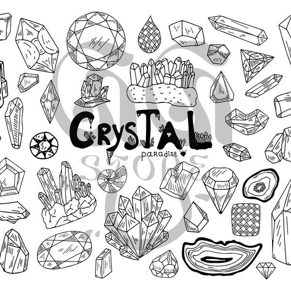 Crystal Paradise, 104 Unique Vector Images, Gems Sketch Bundle, Diamonds, Crystals, Black and White, Old School Style, Png, Ai, Eps, Svg