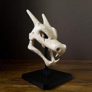 Figurine Crane de Dracaufeu (Pokémon) réaliste. Couleur os et monté sur socle et tige noir. Impression 3D