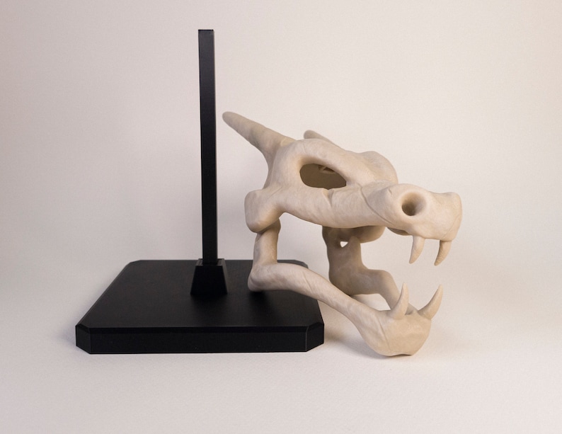 Figurine Crane de Dracaufeu (Pokémon) réaliste. Couleur os et monté sur socle et tige noir. Impression 3D