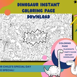 Dinosaur Happy Birthday Placemats downloadable | Paper Coloring Activity Paper Table Mats | Party Favor