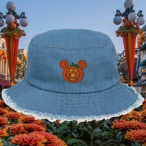 Mouse Pumpkin Fall Halloween Distressed bucket hat (embroidered)