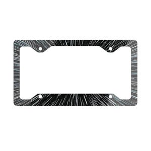 May include: A rectangular license plate frame featuring a black background with a dynamic white radial starburst pattern that radiates from the center toward the edges. The frame includes four circular mounting holes at the corners.