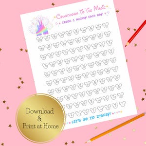 Könnte beinhalten: Druckbarer Countdown zu Disney mit 100 Mickey Mouse Kopf-Umrissen zum Ausmalen. Der Text lautet "Countdown to the Magic. Color 1 Mickey each day." und "Let's go to Disney!"
