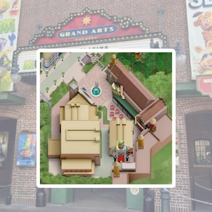Peut inclure: Vue aérienne d'une zone de parc à thème avec des bâtiments, des allées et une fontaine. Le signe 'Grand Arts Theatre' est visible en haut. L'image est de style cartoon avec des couleurs douces.