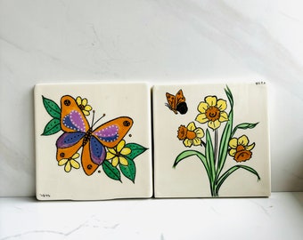 Two cute Hand painted vintage tiles