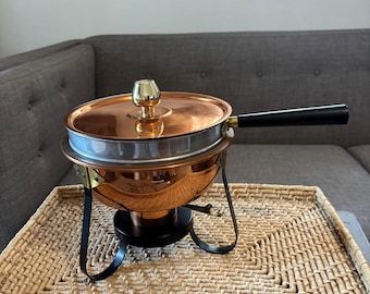 Vintage Copper Warming Pot Brass Chafing Dish Fondue Set Stand