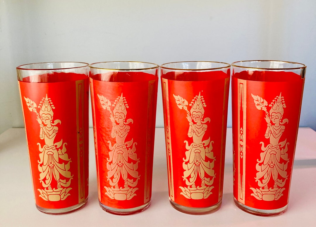 Vintage 1950s Mid Century Barware Drinking Glasses Red Gold Inlay Shiva ...