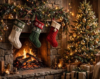 Op de afbeelding: Drie gebreide kerstsokken hangen aan een stenen open haard versierd met dennenslingers en lichtjes. De sokken zijn wit, groen en rood, elk met een kabelgebreide textuur en een sneeuwvlokpatroon op de boord.