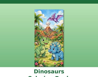 Op de afbeelding: Een printbaar kleurboek met een prehistorische scène met een groene T-Rex, een blauwe triceratops en een paarse pterosauriër die boven een rokende vulkaan vliegt. De tekst luidt PRINTABLE COLORING BOOK en Dinosaurs Coloring Book.