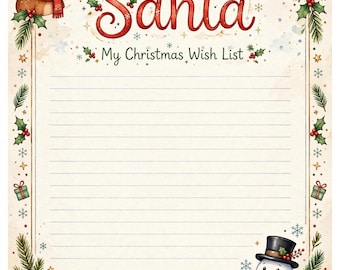 Op de afbeelding: Een Dear Santa My Christmas Wish List briefpapier met een rendier linksboven, een sneeuwpop rechtsonder, zuurstokken, dennentakken en cadeauverpakkingen, voorzien van horizontale lijnen voor het schrijven van tekst.