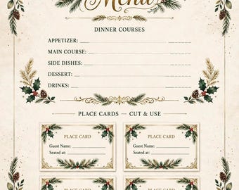 Op de afbeelding: Een printbaar kerstmenu en vier naamkaartjes op crèmekleurig papier. Het menu bevat de tekst Christmas Menu, Dinner Courses, Appetizer, Main Course, Side Dishes, Dessert en Drinks. Versierd met dennentakken, hulst en dennenappels.