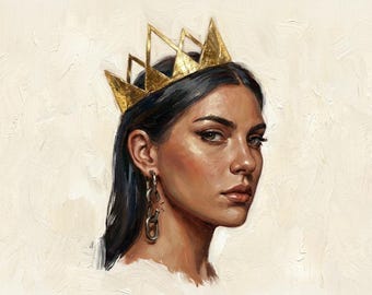 Op de afbeelding: Portret van een persoon met donker haar, met een gouden kroon en kettingoorbellen. Het kunstwerk heeft een warm kleurenpalet met een crèmekleurige achtergrond. De huidskleur van de persoon is een warme, bruine kleur.