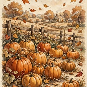 May include: A watercolor illustration of a pumpkin patch with numerous orange pumpkins of varying sizes resting on the ground. A wooden fence runs across the middle ground, with a rural landscape and house in the distance under falling autumn leaves.