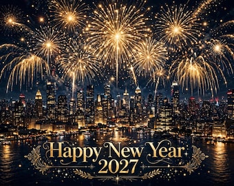 Op de afbeelding: Een nachtelijk stadsgezicht met een skyline verlicht door gouden vuurwerk boven een wateroppervlak. De tekst Happy New Year 2027 staat in elegante gouden letters onderaan, omlijst door decoratieve krullen en kleine fonkelingen.