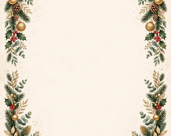 Op de afbeelding: Een Holiday Planner-pagina met een crèmekleurige achtergrond, omlijst door decoratieve randen van groene dennentakken, hulstbladeren, rode bessen, gouden ornamenten, dennenappels en gouden klokjes. De tekst Holiday Planner staat bovenaan in het midden.