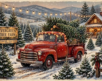 Op de afbeelding: Een vintage rode pick-up truck vervoert een grote kerstboom in de laadbak door een besneeuwd landschap. Een houten bord vermeldt Evergreen Tree Farm, Cut Your Own, Fresh Trees, Open Daily. Boven een rustieke blokhut hangen sfeervolle lichtjes.