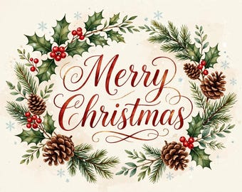 Op de afbeelding: Een aquarelillustratie met de tekst Merry Christmas in rood cursief schrift, omringd door een cirkelvormige krans van groene hulstbladeren, helderrode bessen, bruine dennenappels en groenblijvende takken met kleine blauwe sneeuwvlokken.