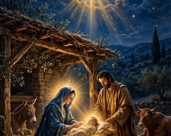 Op de afbeelding: Een kersttafereel met een persoon in een blauw gewaad en een persoon in een beige gewaad die naast een baby in een kribbe knielen. Een ezel en een koe staan onder een houten afdak. Een heldere ster schijnt aan de nachtelijke hemel.