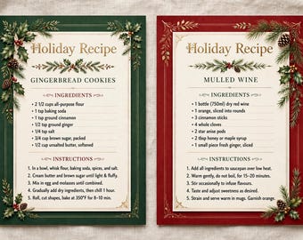 Op de afbeelding: Twee rechthoekige receptkaarten met crèmekleurige centra en decoratieve randen. De linkerkaart is donkergroen met illustraties van hulst en dennenappels, getiteld Holiday Recipe Gingerbread Cookies. De rechterkaart is rood met dennentakken, getiteld Holiday Recipe Mulled Wine.