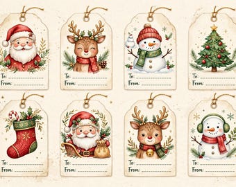 Op de afbeelding: Acht rechthoekige papieren cadeaulabels met afgeronde bovenkanten en touwtjes. Elk label bevat een unieke kerstillustratie met de Kerstman, rendieren, sneeuwpoppen, een boom en een kerstsok, met onderaan gedrukte To: en From: lijnen.