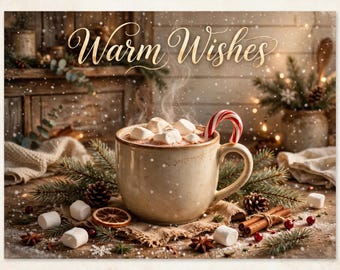 Op de afbeelding: Een beige keramische mok gevuld met warme chocolademelk, getopt met witte marshmallows en een rood-witte zuurstok. De tekst Warm Wishes staat in gouden letters erboven, omringd door dennentakken, dennenappels en kaneelstokjes.